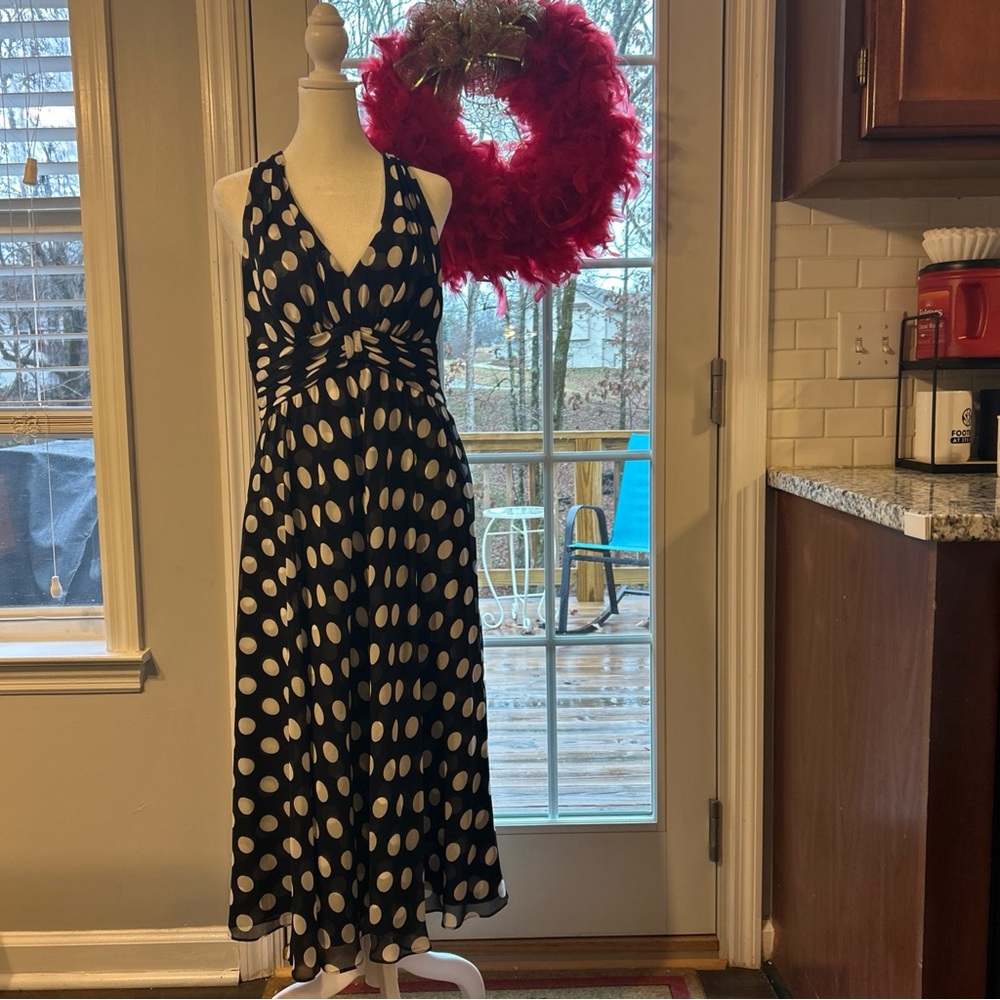 White House Black Market SILK Black and White Polka Dot Midi Dress